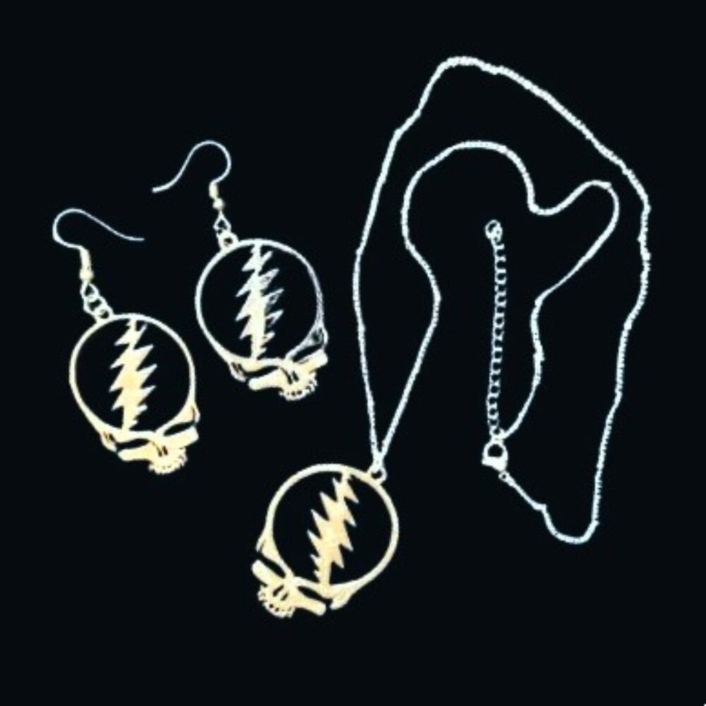 Grateful Dead Stainless Steel Silver Necklace & Earring Set Steal Your Face NWOT